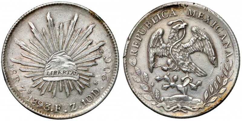 Meksyk, 8 reali 1893 Zs, Zacatecas 
Grade: VF+