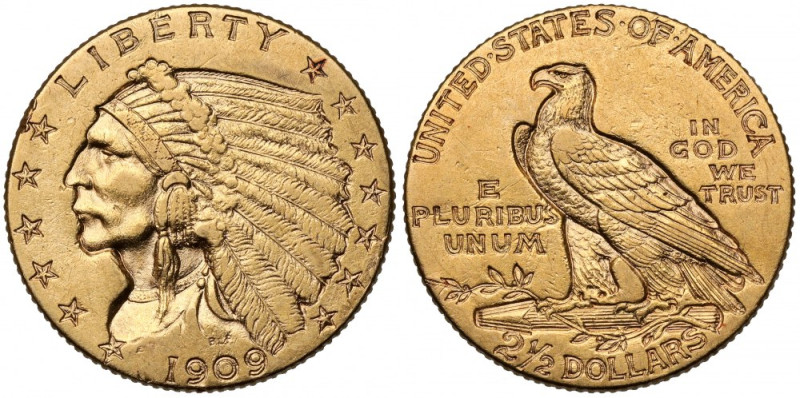 USA, 2 1/2 dolara 1909, Philadelphia - Głowa Indianina Złoto, waga 4,17 g 
Grad...