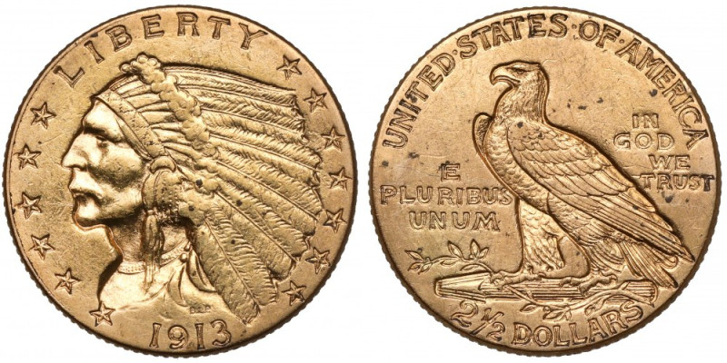 USA, 2 1/2 dolara 1913, Philadelphia - Głowa Indianina Złoto, waga 4,15 g 
Grad...