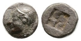 "Ionia, Phokaia AE Diobol Silver ca 625/0-522 BC, 1,3 g 9,8 mm
Obv: Female head left, wearing helmet or sakkos.
Rev: Quadripartite incuse square.
R...