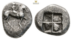 Thracian Chersonesos, uncertain mint AR Stater. Circa 515-500 BC. 2,3 g. 13 mm. Warrior (Amazon?) on horseback to right, holding spear in left hand an...