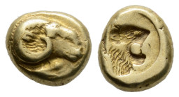 LESBOS. Mytilene. Circa 521-478 BC. Hekte (Electrum, 10,9 mm, 2.54 g,). Head of a ram to right; Rev. Incuse lion’s head with open jaws to right; SNG v...