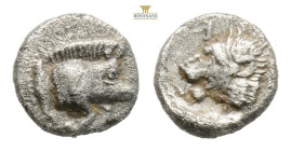 Greek MYSIA, Kyzikos (Circa 450-400 BC) AR obol
Obv: Forepart of boar right; to left. tunny upward.
Rev: Head of roaring lion left; 0,30 g. 6,3 mm.