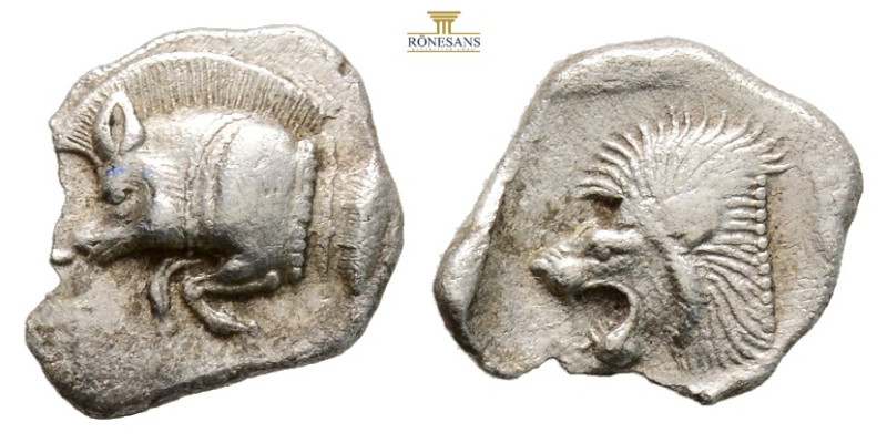 Greek MYSIA, Kyzikos (Circa 450-400 BC) AR obol
Obv: Forepart of boar left; to r...