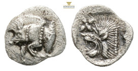 Greek MYSIA, Kyzikos (Circa 450-400 BC) AR obol
Obv: Forepart of boar left; to right, tunny upward.
Rev: Head of roaring lion left; 0,37 g. 9,1 mm.