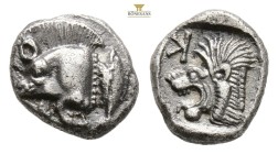 MYSIA, Kyzikos (Circa 460-410 BC) AR obol (9,3 mm, 0.86 g.)Obv: Head of Attis left, wearing Phrygian cap; below, tunny.Rev: KY-ZI clockwise, Z as H; h...