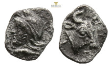 MYSIA, Kyzikos (Circa 460-410 BC) AR obol (8,4 mm, 0.92 g.)Obv: Head of Attis left, wearing Phrygian cap; below, tunny.Rev: KY-ZI clockwise, Z as H; h...