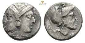 Greek Asia. Mysia, Lampsakos. AR Hemidrachm, 4th-3rd century BC. Female janiform head. / Head of Athena right, wearing Corinthian helmet decorated wit...