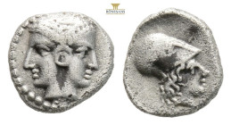 Mysia, Lampsakos. Silver Obol, 0,69 g 8,2 mm. 4th-3rd century BC. Obc: Female janiform head Rev: Helmeted head of Athena right,