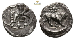 CILICIA, Tarsos. Mazaios. Satrap of Cilicia, 361 / 334 BC. AR Obol (10,6 mm, 0.71 g, ) Baaltars seated left, his torso facing, holding lotus-tipped sc...