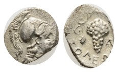CILICIA. Soloi. Circa 350-300 BC. Obol (Silver, 10.8 mm, 0.72 g). Head of Athena to right, wearing Corinthian helmet . Rev. [ΣΟΛΕΩΝ] Bunch of grapes w...