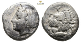 Mysia, Kyzikos, AR Drachm, (Silver, 3 g 14,6 mm), Circa 390-341/0 BC. 
Obv: Head of Kore Soteira left, with hair in sphendone.
Rev: KYZI, Head of lion...