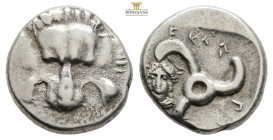"Dynasts of Lycia. Perikles (c. 380-360 BC). AR 1/3 Stater (15 mm. 3 g.) uncertain mint.
Obv. Facing lion's scalp.
Rev. 'Perikles' in Lycian; triske...