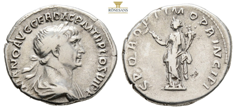 Trajan (98-117). AR Denarius (20,1 mm, 3.4 g, ) Rome, 106-7. Laureate bust right...