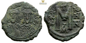 Michael II 'the Amorian', with Theophilus, Æ 40 Nummi. Constantinople, AD 821-829. [M]IXAHL S ΘЄΟFILOS, crowned and facing busts of Michael on left, w...
