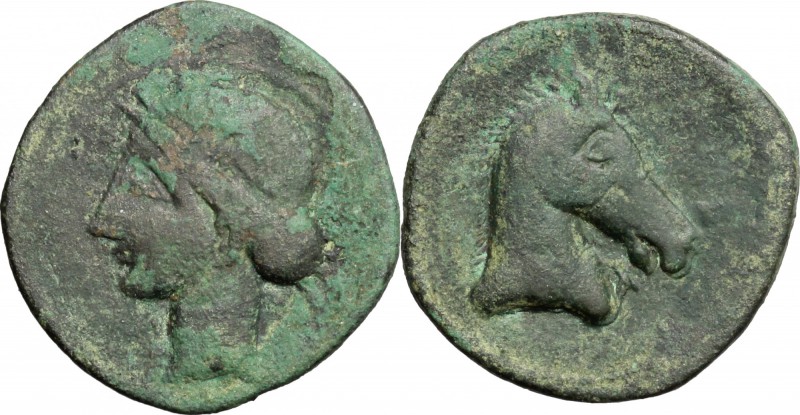 Hispania. AE Unit, c. 237-209 BC. D/ Head of Tanit left. R/ Head of horse right....