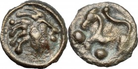 Celtic World. Gaul, Northwest. Senones. Potin Unit, c. 100-50 BC. D/ Stylize bare head right. R/ Stylized horse left; pellets around. D&T 2640. Depeyr...