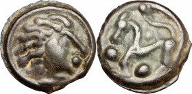 Celtic World. Gaul, Northwest. Senones. Potin Unit, c. 100-50 BC. D/ Stylized bare head right. R/ Stylized horse left; pellets around. D&T 2640. Depey...