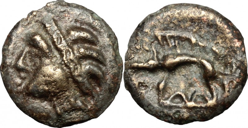 Celtic World. Gaul, Northeast. Leuci. Potin Unit, c. 100-50 BC. D/ Stylized head...