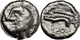 Celtic World. Gaul, Northeast. Leuci. Potin Unit, c. 100-50 BC. D/ Stylized bare head left. R/ Stylized boar left; three semicircles below. D&T 228. D...