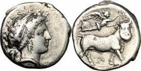 Greek Italy. Central and Southern Campania, Neapolis. AR Didrachm, c. 320-300 BC. D/ Head of nymph right; grape bunch behind. R/ Man-headed bull walki...
