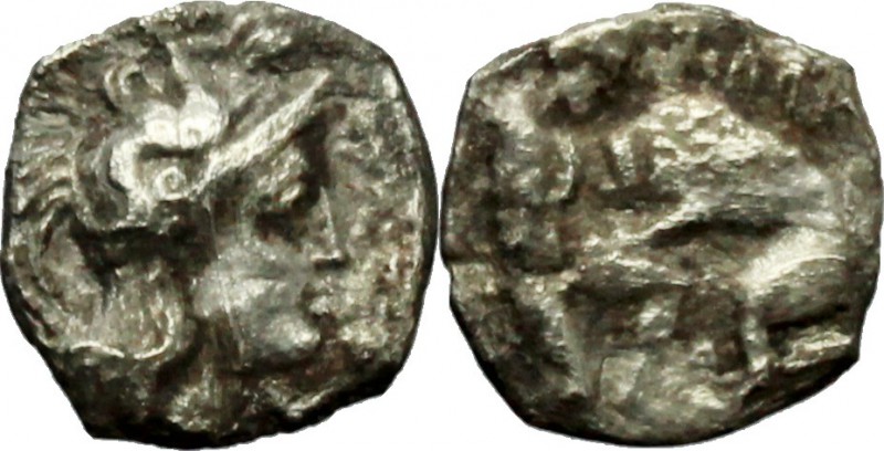 Greek Italy. Northern Apulia, Arpi. AR Diobol, c. 325-275 BC. D/ Head of Athena ...