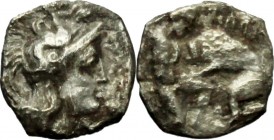 Greek Italy. Northern Apulia, Arpi. AR Diobol, c. 325-275 BC. D/ Head of Athena right, wearing Attic helmet. R/ Herakles right, with club, fighting li...
