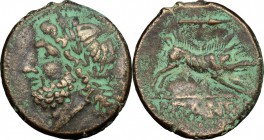 Greek Italy. Northern Apulia, Arpi. AE 22 mm., 325-275 BC. D/ Laureate head of Zeus left; thunderbolt behind. R/ Wild boar right; above, spearhead to ...