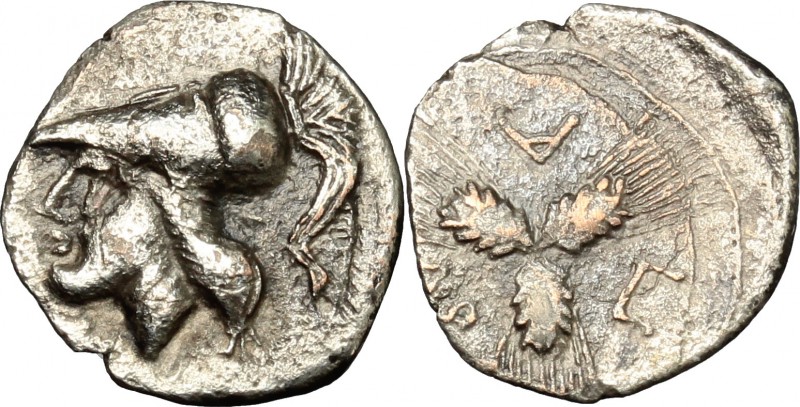 Greek Italy. Northern Apulia, Arpi. AR Triobol, c. 215-212 BC. D/ Helmeted head ...