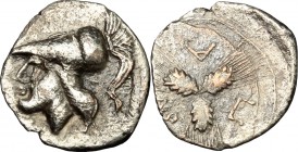 Greek Italy. Northern Apulia, Arpi. AR Triobol, c. 215-212 BC. D/ Helmeted head of Athena left. R/ AP-Π-A. Three grain ears conjoined at the stem. HN ...