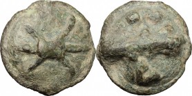Greek Italy. Northern Apulia, Luceria. AE Cast Quadrunx, c. 217-212 BC. D/ Thunderbolt. R/ Club; above, four pellets; below, L. HN Italy 677b. Vecchi ...