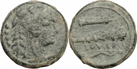 Greek Italy. Northern Apulia, Luceria. AE Quadrunx, c. 211-200 BC. D/ Head of Herakles right; at left, four pellets. R/ LOVCERI. Quiver, club and bow....