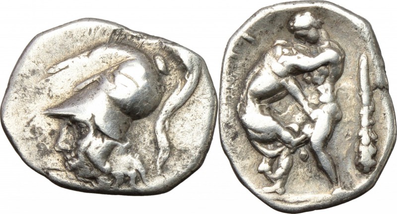 Greek Italy. Northern Apulia, Teate. AR Diobol, 325-275 BC. D/ Helmeted head of ...