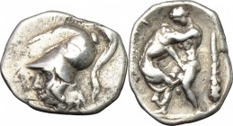 Greek Italy. Northern Apulia, Teate. AR Diobol, 325-275 BC. D/ Helmeted head of Athena left. R/ Herakles left, strangling lion; at left, TIATI; at rig...