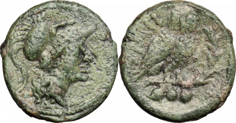 Greek Italy. Northern Apulia, Teate. AE Teruncius, c. 225-200 BC. D/ Helmeted he...
