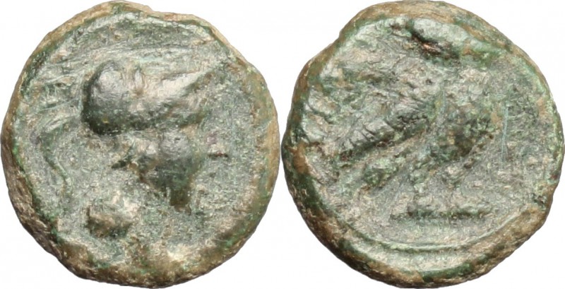 Greek Italy. Northern Apulia, Teate. AE Semuncia, c. 225-200 BC. D/ Helmeted hea...