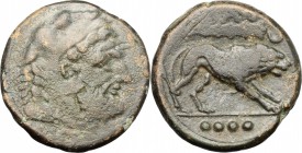 Greek Italy. Northern Apulia, Teate. AE Quadrunx, c. 225-200 BC. D/ Bearded head of Herakles right. R/ [TI]ATI. Lion walking right; above, club and cr...