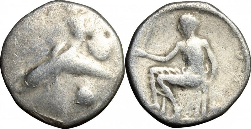Greek Italy. Southern Apulia, Tarentum. AR Nomos, c. 470-425 BC. D/ Phalantos ri...