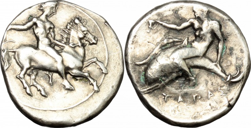 Greek Italy. Southern Apulia, Tarentum. AR Nomos, c. 380-340 BC. D/ Nude youth, ...