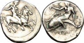 Greek Italy. Southern Apulia, Tarentum. AR Nomos, c. 380-340 BC. D/ Nude youth, holding whip, on horse galloping right. R/ Taras astride dolphin left,...