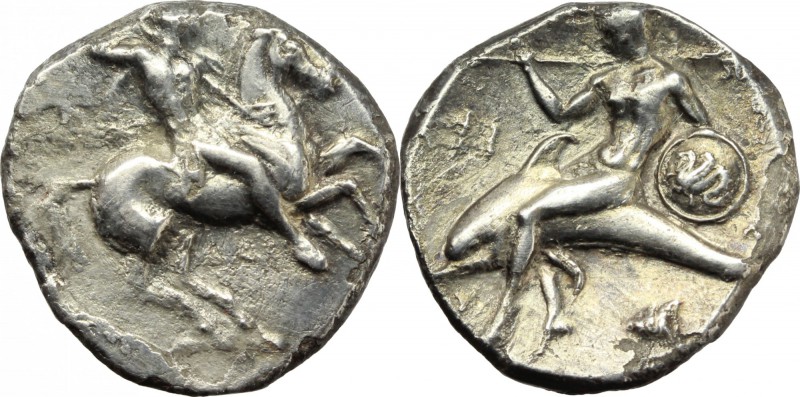 Greek Italy. Southern Apulia, Tarentum. AR Nomos, c. 332-302 BC. ΔAI and ΦI magi...