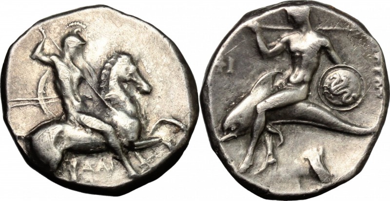 Greek Italy. Southern Apulia, Tarentum. AR Nomos, c. 302-290 BC. D/ Nude warrior...