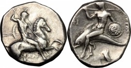 Greek Italy. Southern Apulia, Tarentum. AR Nomos, c. 302-290 BC. D/ Nude warrior on horseback right, shield on left arm, holding two spears in left ha...