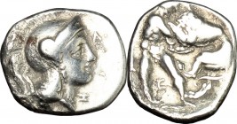 Greek Italy. Southern Apulia, Tarentum. AR Diobol, c. 325-280 BC. D/ Head of Athena right, wearing crested Attic helmet; in right field, Λ and Z. R/ H...