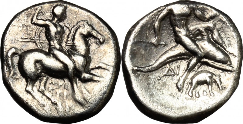 Greek Italy. Southern Apulia, Tarentum. AR Nomos, c. 280-272 BC. D/ Warrior on h...