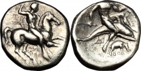 Greek Italy. Southern Apulia, Tarentum. AR Nomos, c. 280-272 BC. D/ Warrior on horseback right, holding shield and two spears, preparing to cast a thi...