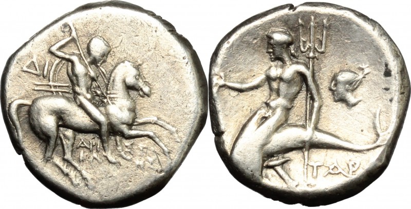Greek Italy. Southern Apulia, Tarentum. AR Nomos, c. 272-240 BC. D/ Naked horsem...