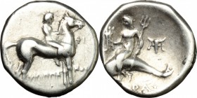 Greek Italy. Southern Apulia, Tarentum. AR Nomos, c. 272-240 BC. D/ Nude youth on horse right; ΦI before, ΦIΛHME-NOΣ below. R/ Taras astride dolphin l...