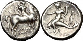 Greek Italy. Southern Apulia, Tarentum. AR Nomos, c. 272-240 BC. D/ Helmeted warriors on horseback right, holding lance and shield; below, I-HPAK/ΛETO...