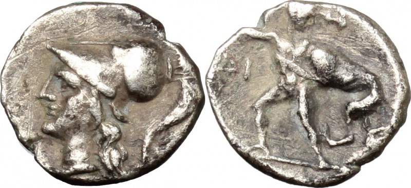 Greek Italy. Southern Apulia, Tarentum. AR Diobol, c. 272-228 BC. D/ Head of Ath...